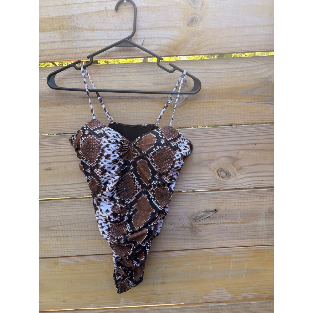 Matte Collection Brown Snakeskin Ruched Bodysuit Sweetheart Neck Size L